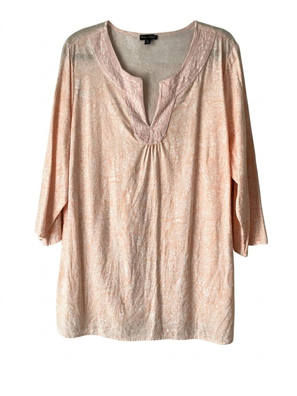 Linen blend tunic peach white paisley pullover embroidered cottage boho - 1X